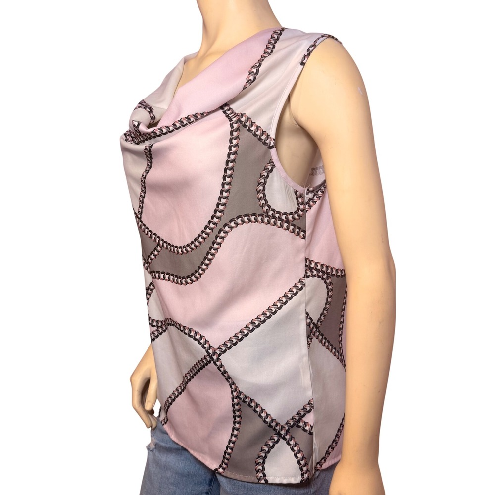 Womens Pink Grey Chain Link Print Cowl Neck Sleeveless Blouse Top - Picture 3 of 5